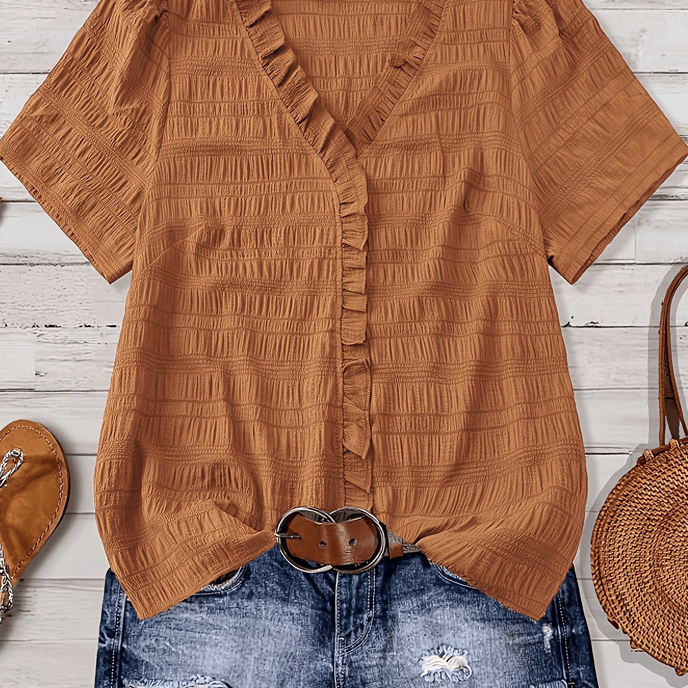 Olivia Grace™ | Ruffle V-Neck Blouse Designed to Flatter Every Curve