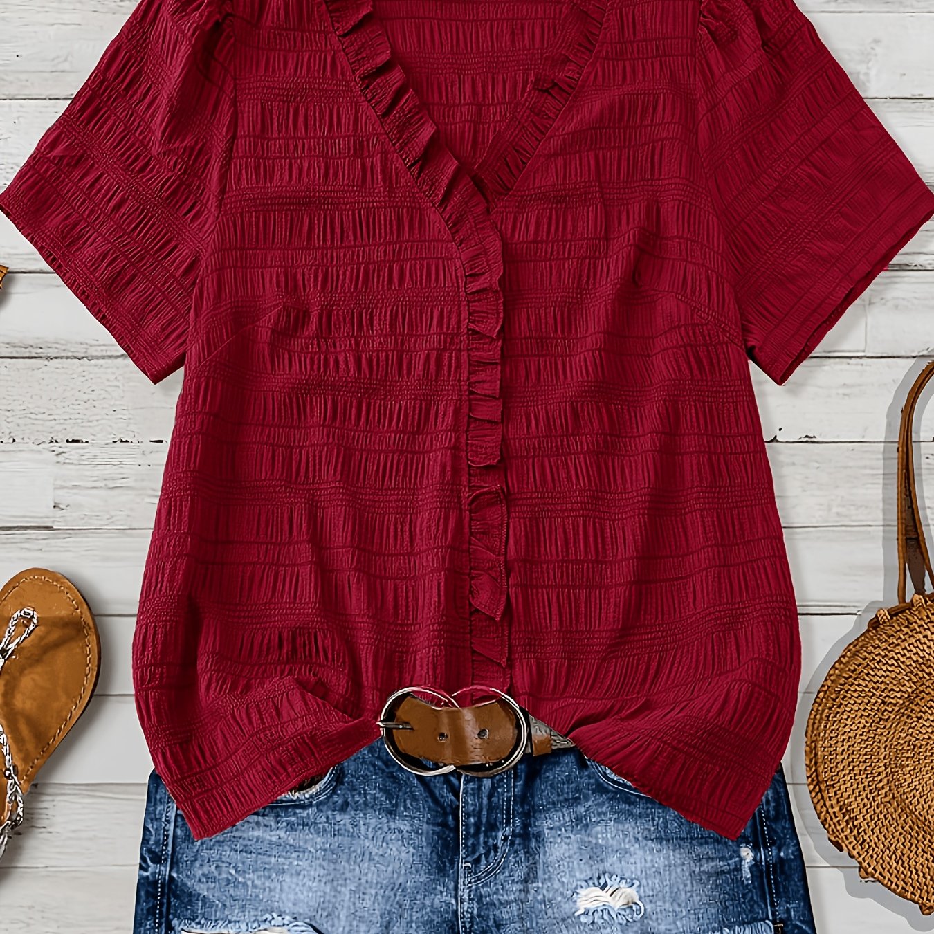 Olivia Grace™ | Ruffle V-Neck Blouse Designed to Flatter Every Curve