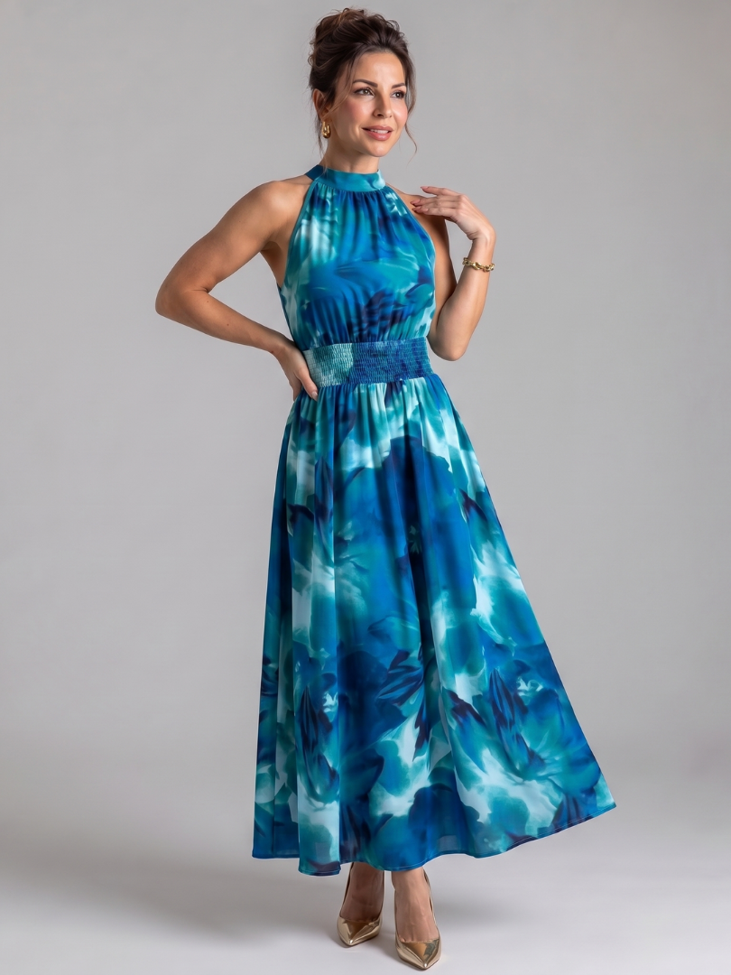 Quinn Gathered Waist Abstract Print Midi Dress in blue