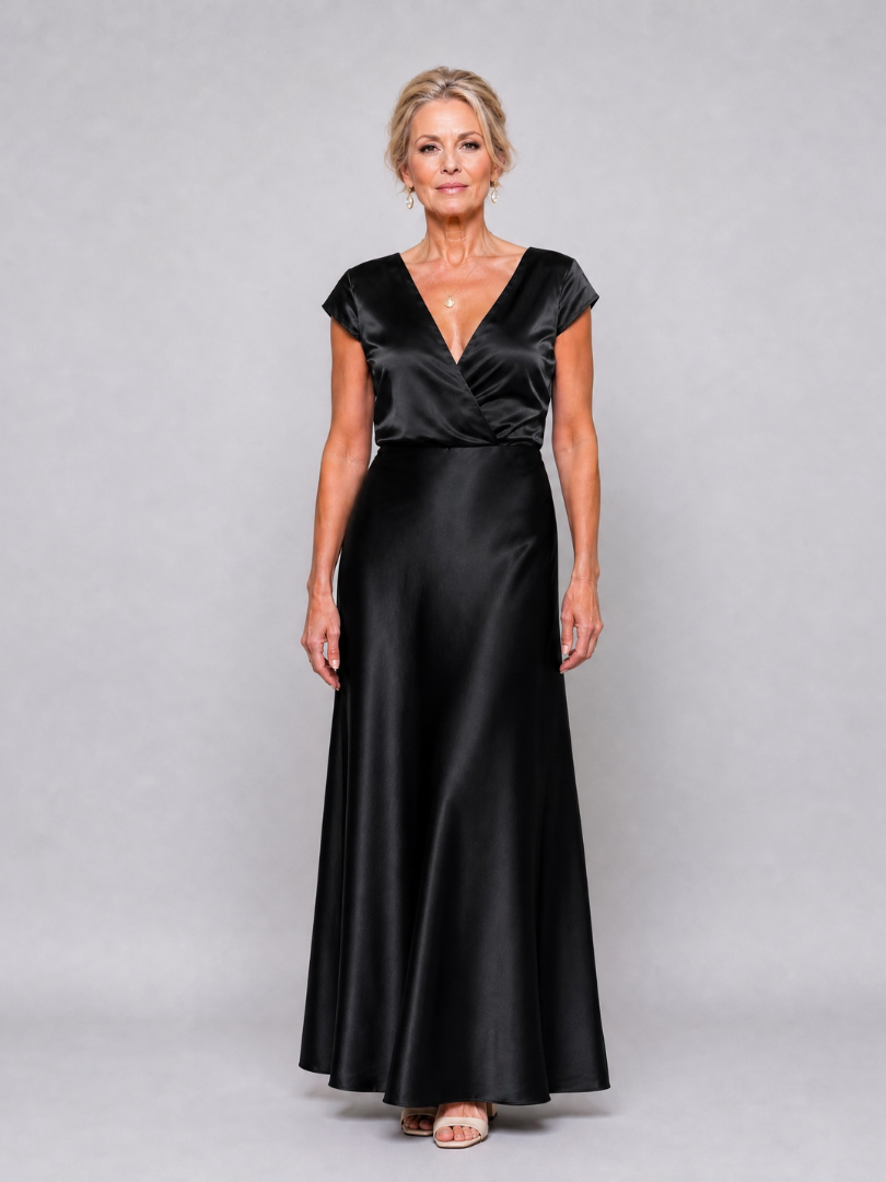 Xiomara Cap Sleeve Wrap Bodice Maxi Dress in black