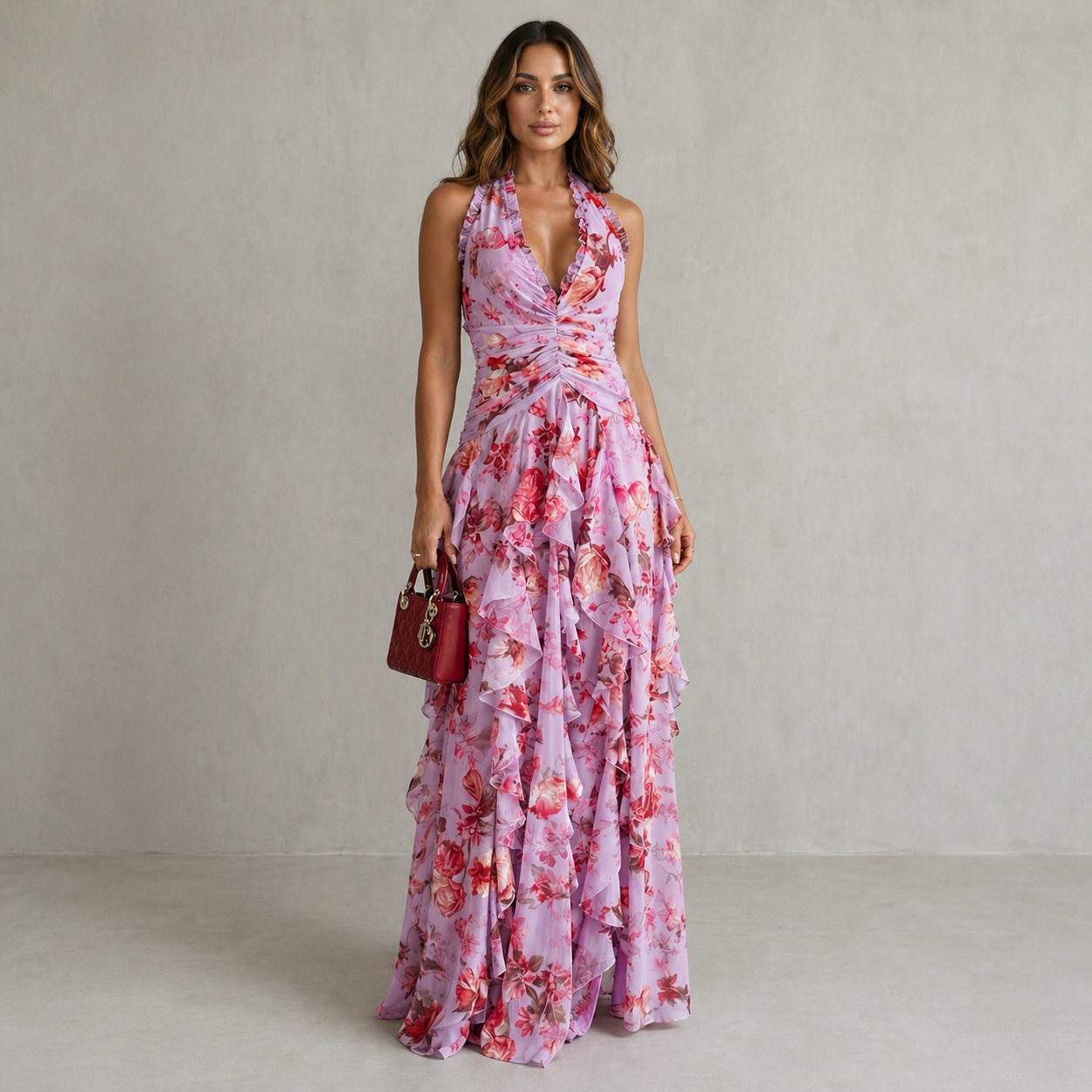 Belladina – Romantic rose cascade – Halter maxi dress