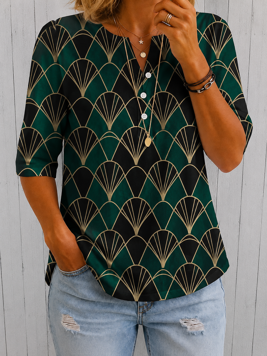 Women’s Emerald Art Deco Print Half Sleeve Henley Cotton Top