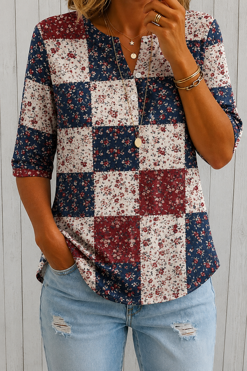 Women’s Navy Burgundy Patchwork Floral Print Half Sleeve Henley Cotton Blend Top