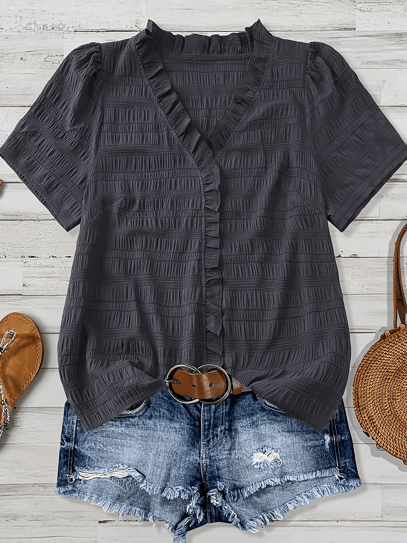 Olivia Grace™ | Ruffle V-Neck Blouse Designed to Flatter Every Curve