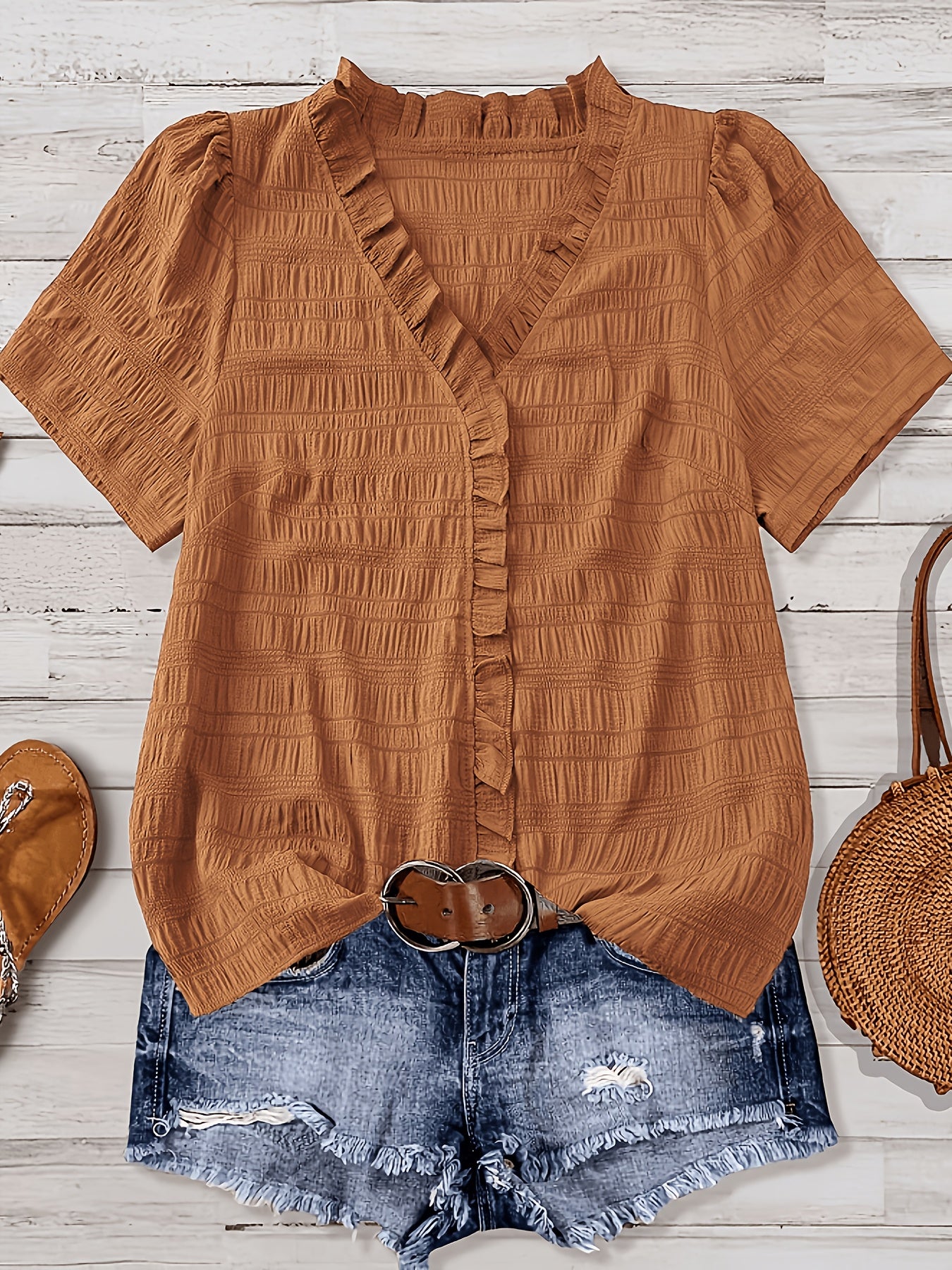 Olivia Grace™ | Ruffle V-Neck Blouse Designed to Flatter Every Curve