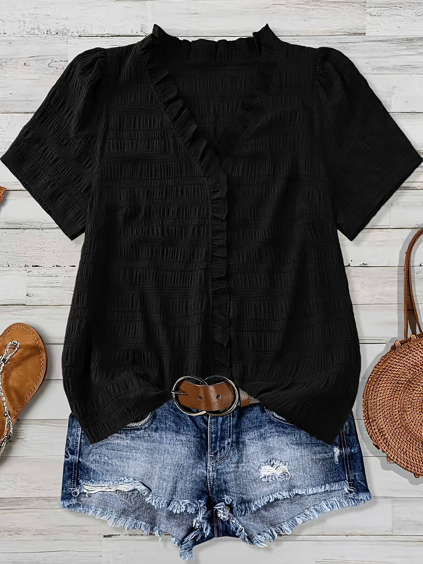 Olivia Grace™ | Ruffle V-Neck Blouse Designed to Flatter Every Curve