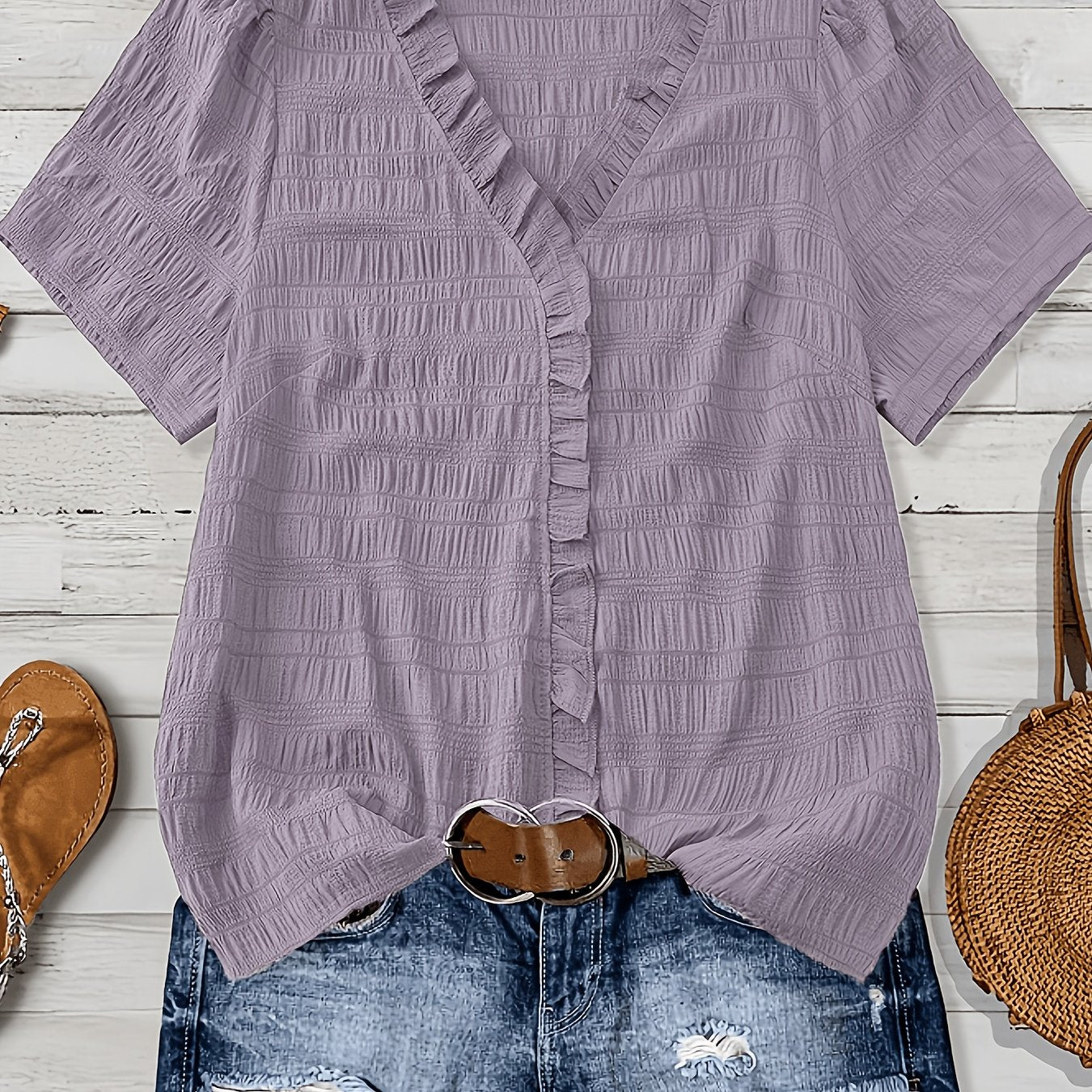 Olivia Grace™ | Ruffle V-Neck Blouse Designed to Flatter Every Curve