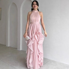 Priscilla High Neck Ruffle Layers Maxi Dress in light pink