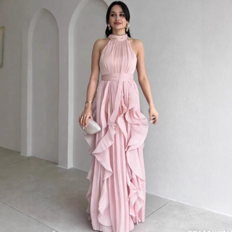Priscilla High Neck Ruffle Layers Maxi Dress in light pink