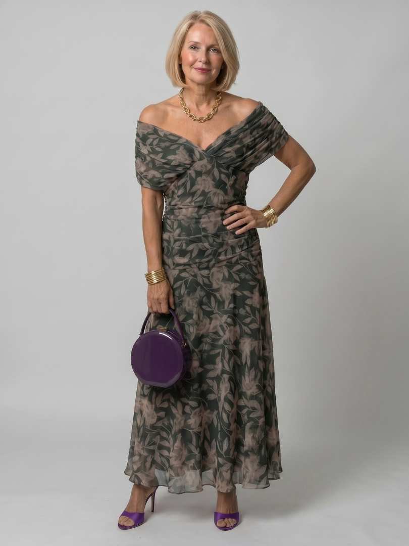 Delphine Off Shoulder Flow Midi Dress in multicolor