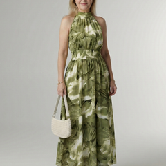 Zoe Gathered Halter Midi Dress in green