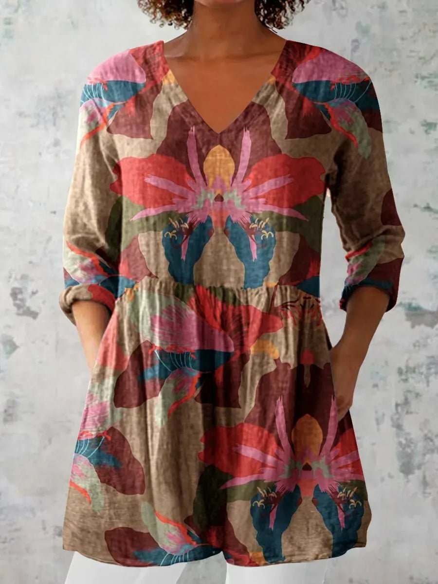 Women's Elegant Floral Print Doll Neck Cotton and Linen Top