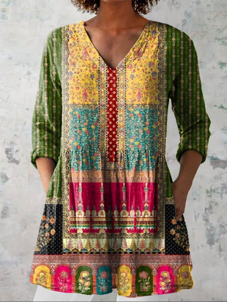 Women's Vintage Ethnic Floral Art Print Casual Linen V-neck Shirt
