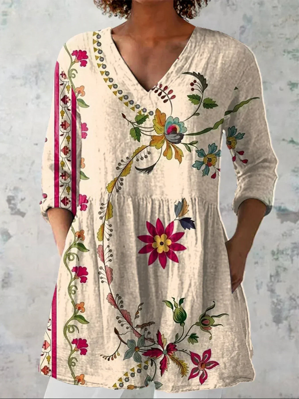 Women's Boho Flowers Art Print Casual Linen V-neck Shirt RB194