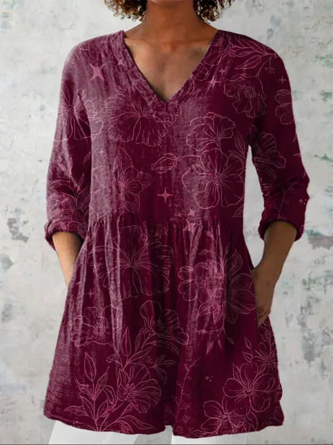 Morning Glory Floral Pattern Printed Women's Casual Linen V-Neck Shirt