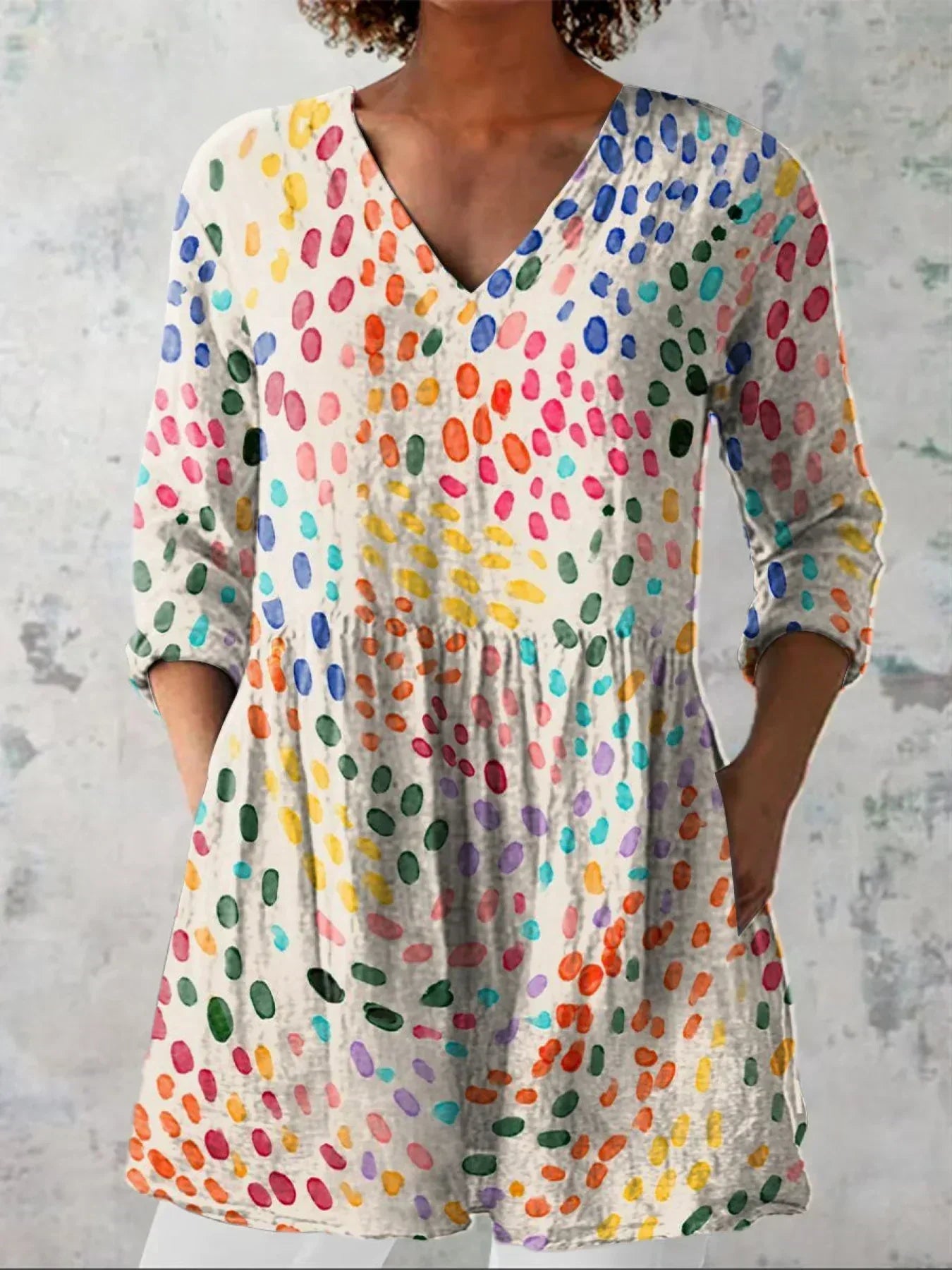 WaterColour Polka Dot Pattern Printed Women's Casual Linen V-Neck Shirt