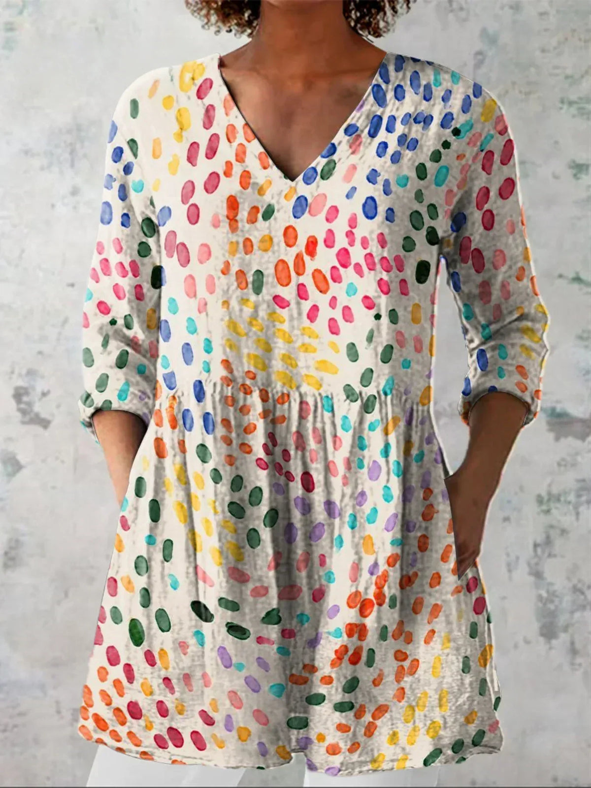 WaterColour Polka Dot Pattern Printed Women's Casual Linen V-Neck Shirt