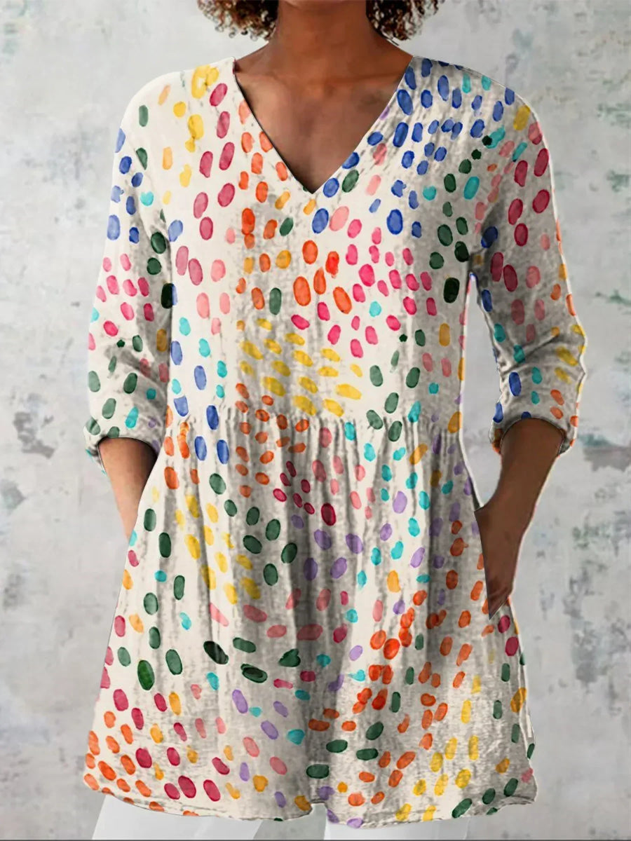 WaterColour Polka Dot Pattern Printed Women's Casual Linen V-Neck Shirt