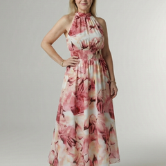 Zoe Gathered Halter Midi Dress in pink