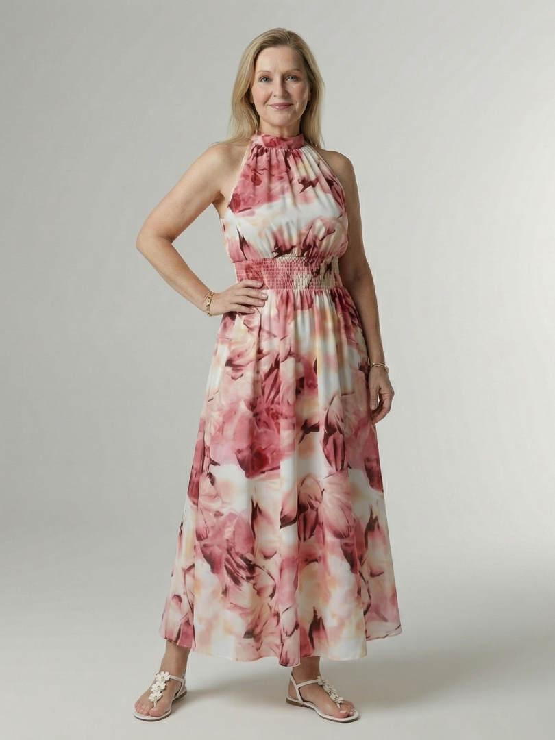 Zoe Gathered Halter Midi Dress in pink