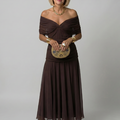 Delphine Off Shoulder Flow Midi Dress in brown