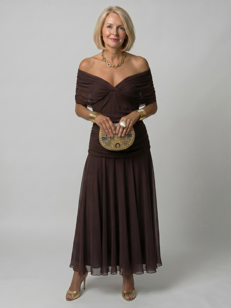 Delphine Off Shoulder Flow Midi Dress in brown