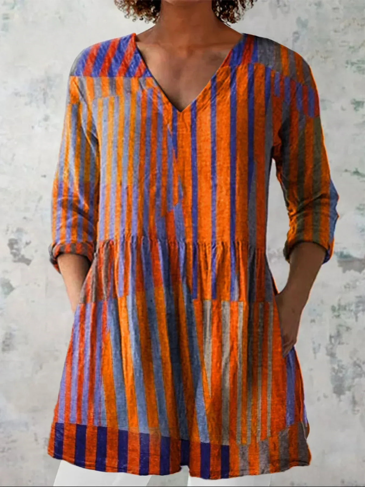 Women's Vintage Colourblock Striped Art Print Casual Linen V-neck Shirt