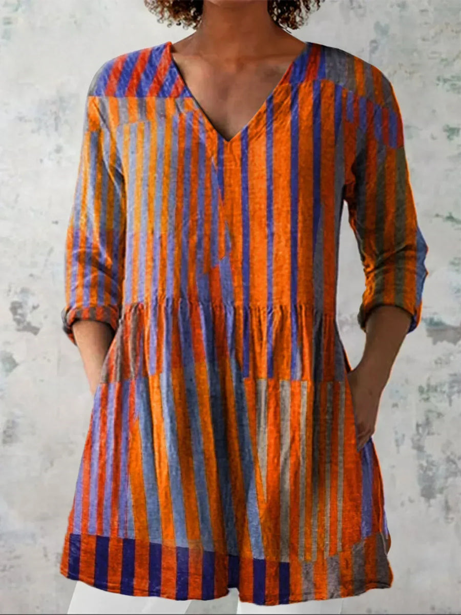 Women's Vintage Colourblock Striped Art Print Casual Linen V-neck Shirt