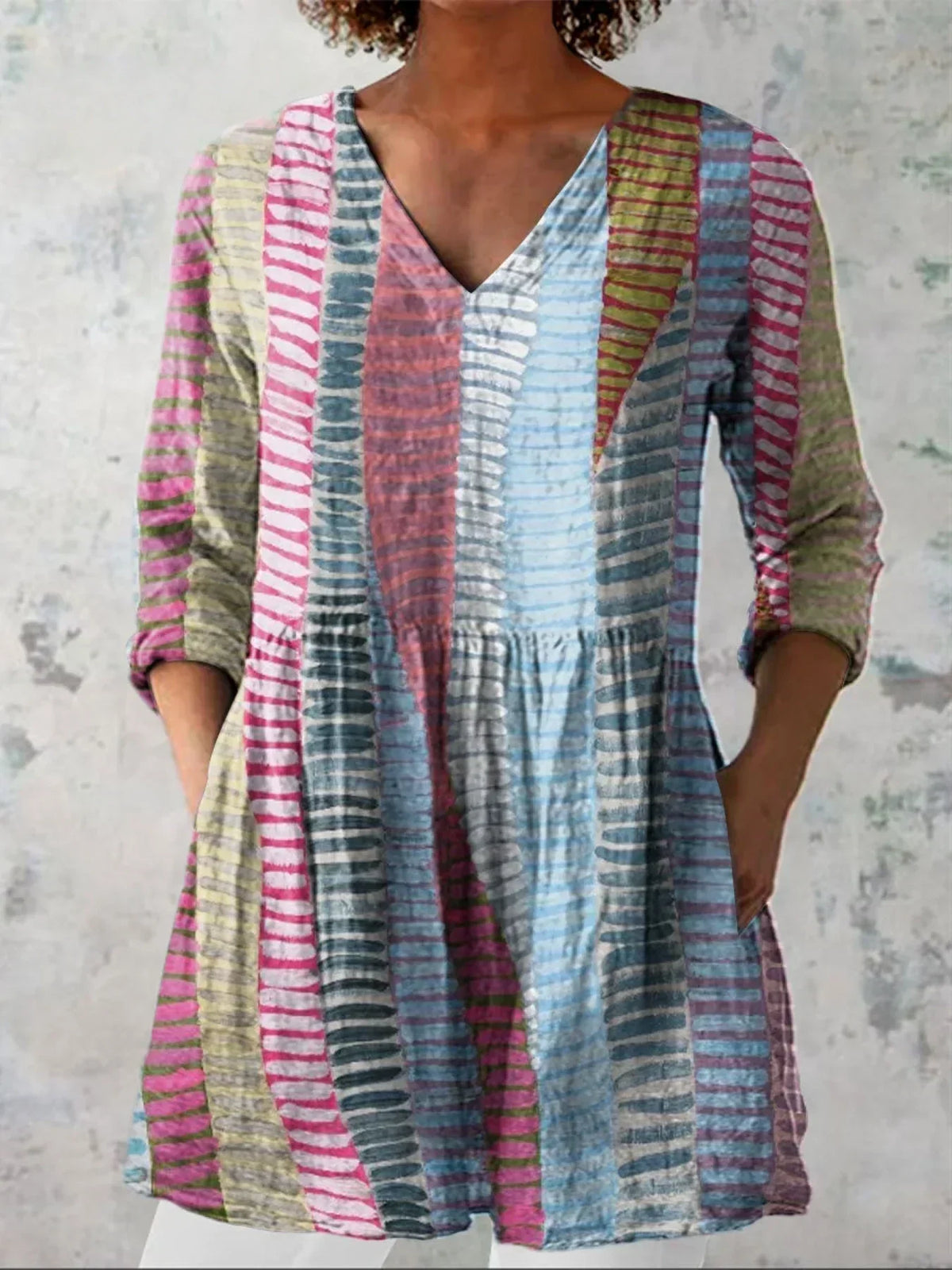 Women's Vintage Colour Block Line Art Print Casual Linen V-neck Shirt