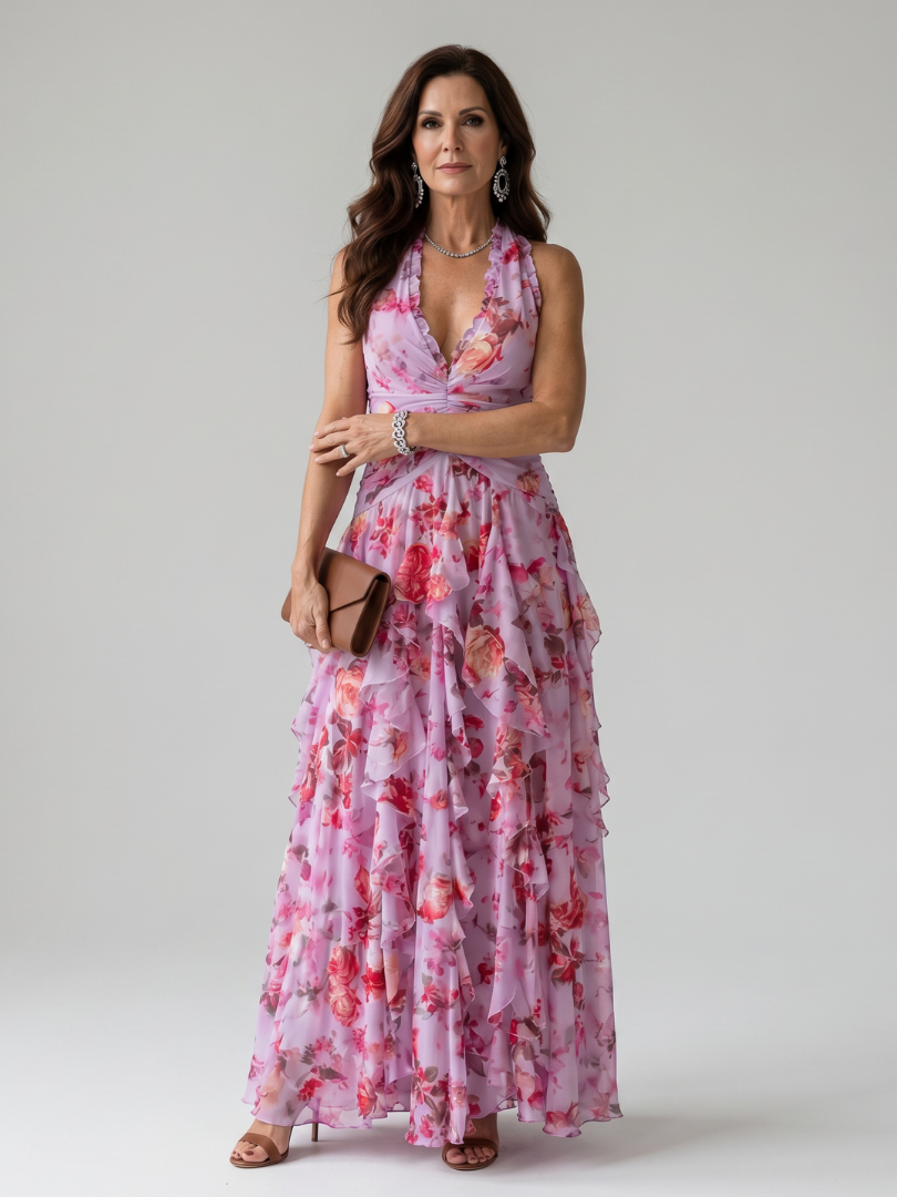 Beatrice Halter Neck Ruched Bodice Floral Maxi Dress in pink