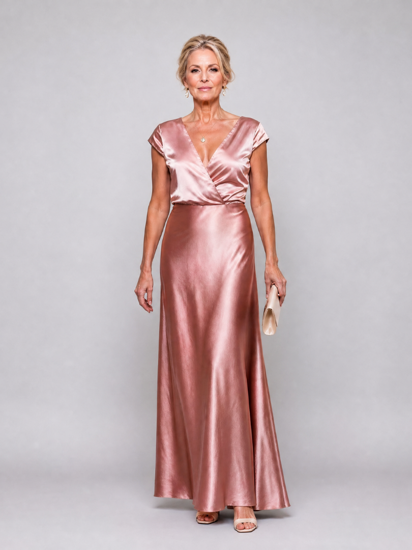 Xiomara Cap Sleeve Wrap Bodice Maxi Dress in rose gold