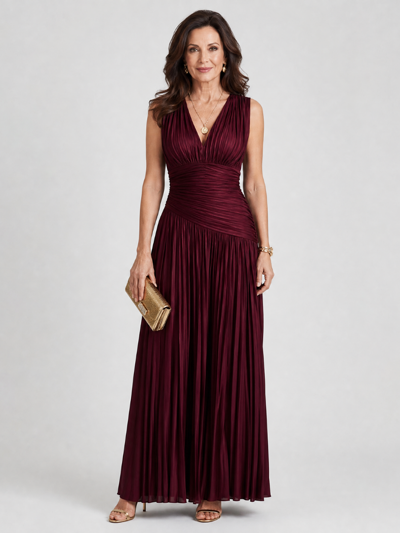 Ursula Sleeveless Pleated V Neck Midi Dress