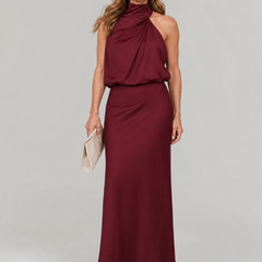 Adelaide Sleeveless Draped Neck Midi Dress in burgundy