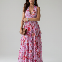 Beatrice Halter Neck Ruched Bodice Maxi Dress in pink