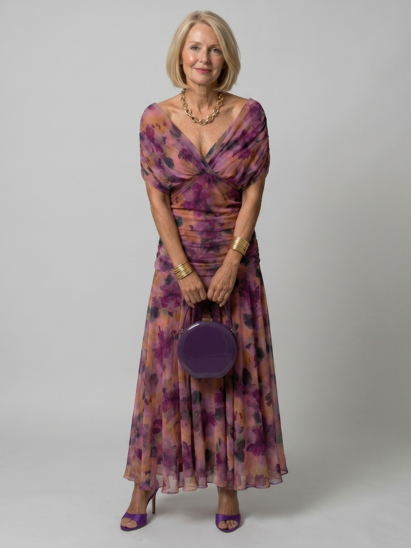Delphine Off Shoulder Flow Midi Dress in purple