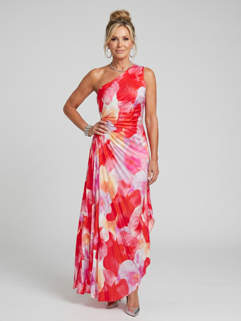 Fiora One Shoulder Pleated Bodice Midi Dress