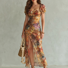 Margaux Ruffled Sleeve Ruched Slit Midi Dress