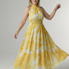 Zoe Gathered Halter Midi Dress in yellow