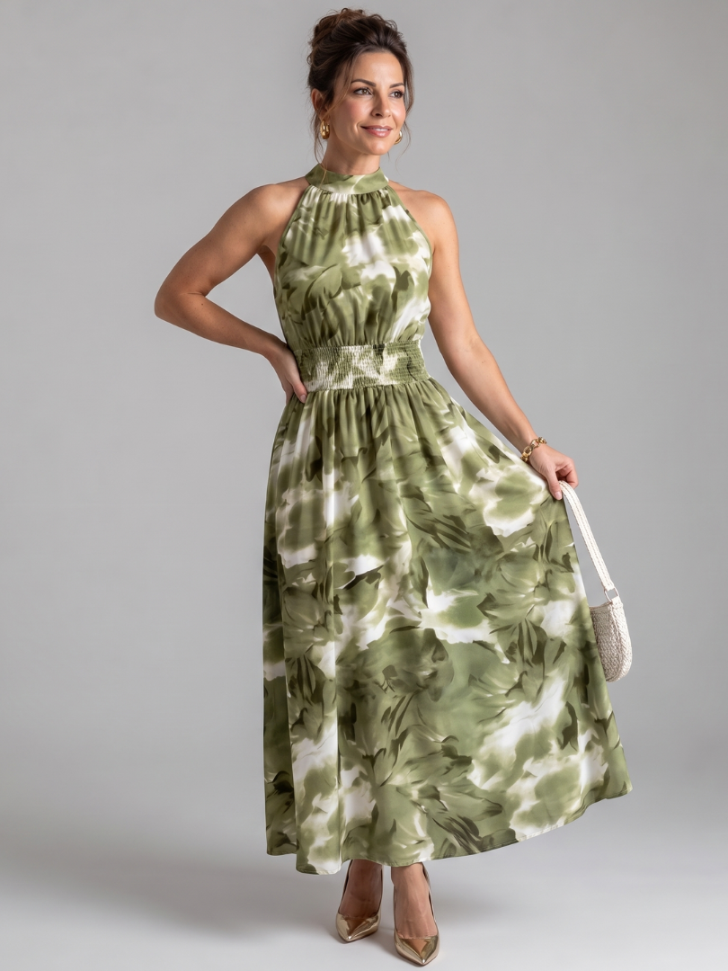 Quinn Gathered Waist Abstract Print Midi Dress in green