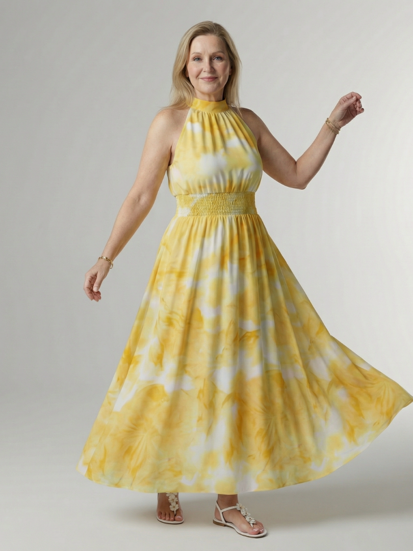 Zoe Gathered Halter Midi Dress in yellow