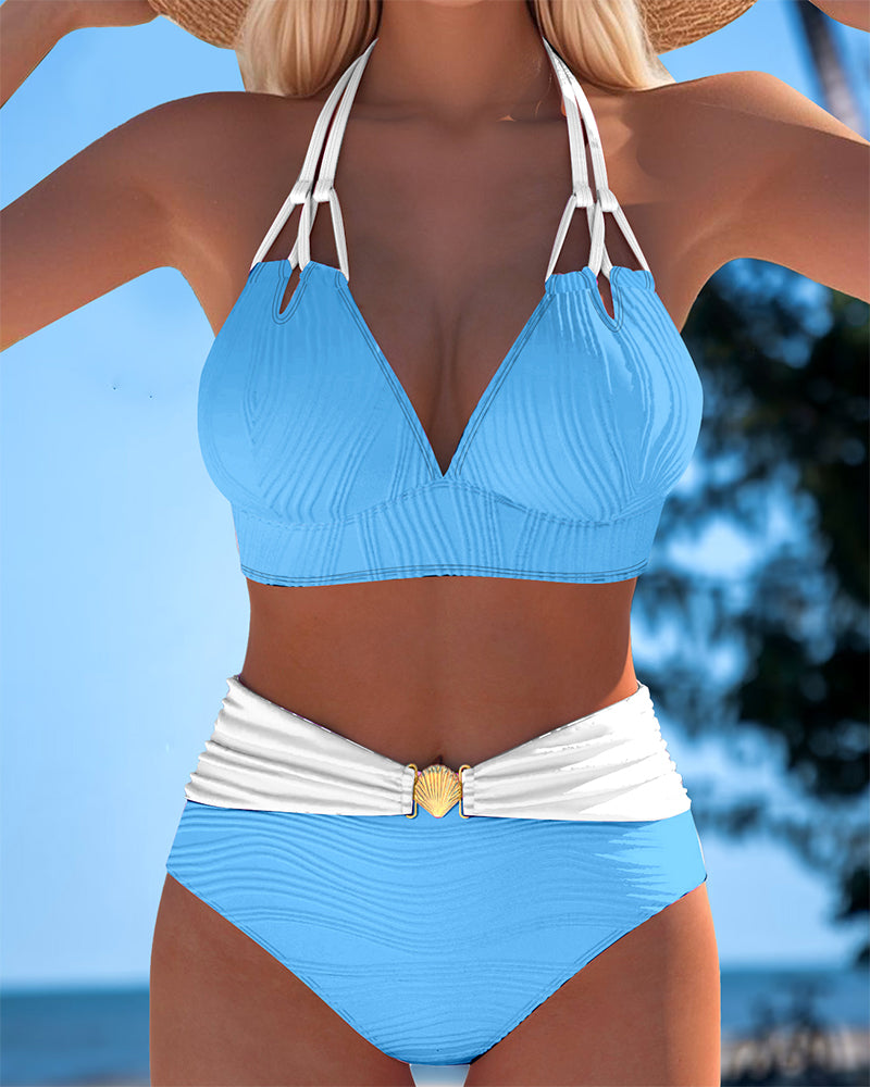 HIGH WAISTED DOUBLE STRAP BIKINI WITH CONTRAST COLOR
