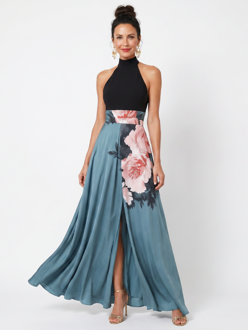 Odette Halter Bodice Floral Skirt Maxi Dress