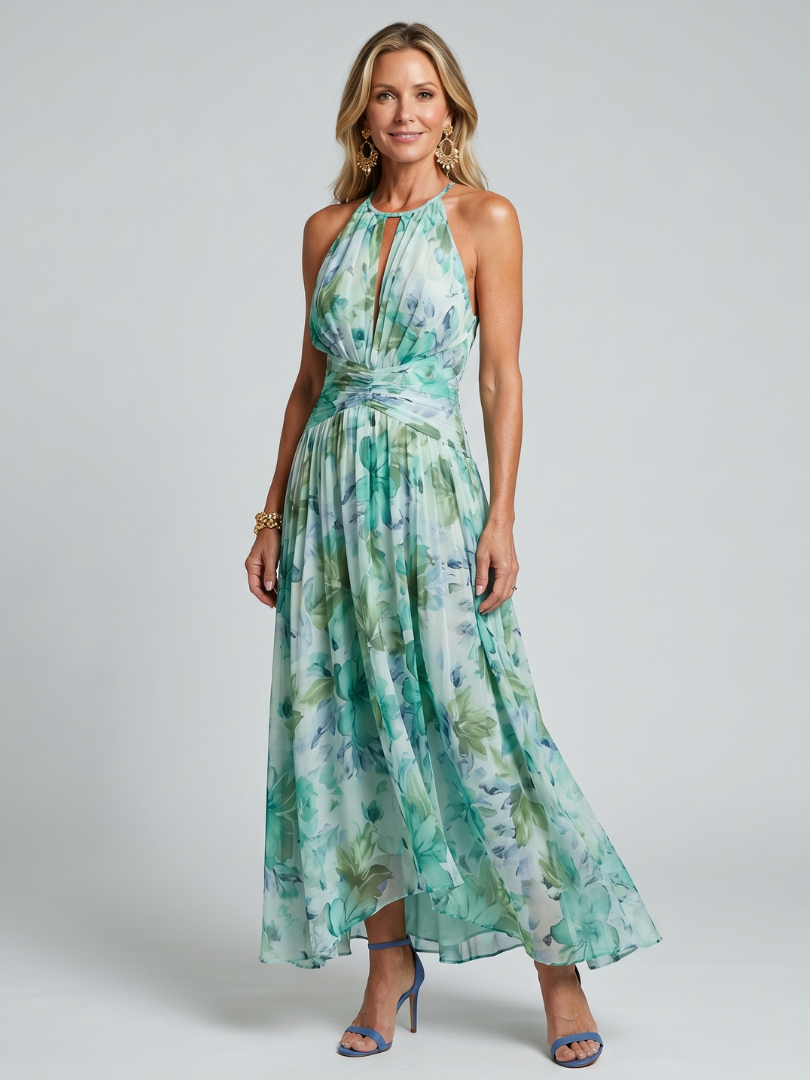 Georgia Pleated Halter Floral Midi Dress