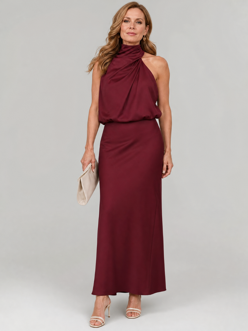 Adelaide Sleeveless Draped Neck Midi Dress in burgundy