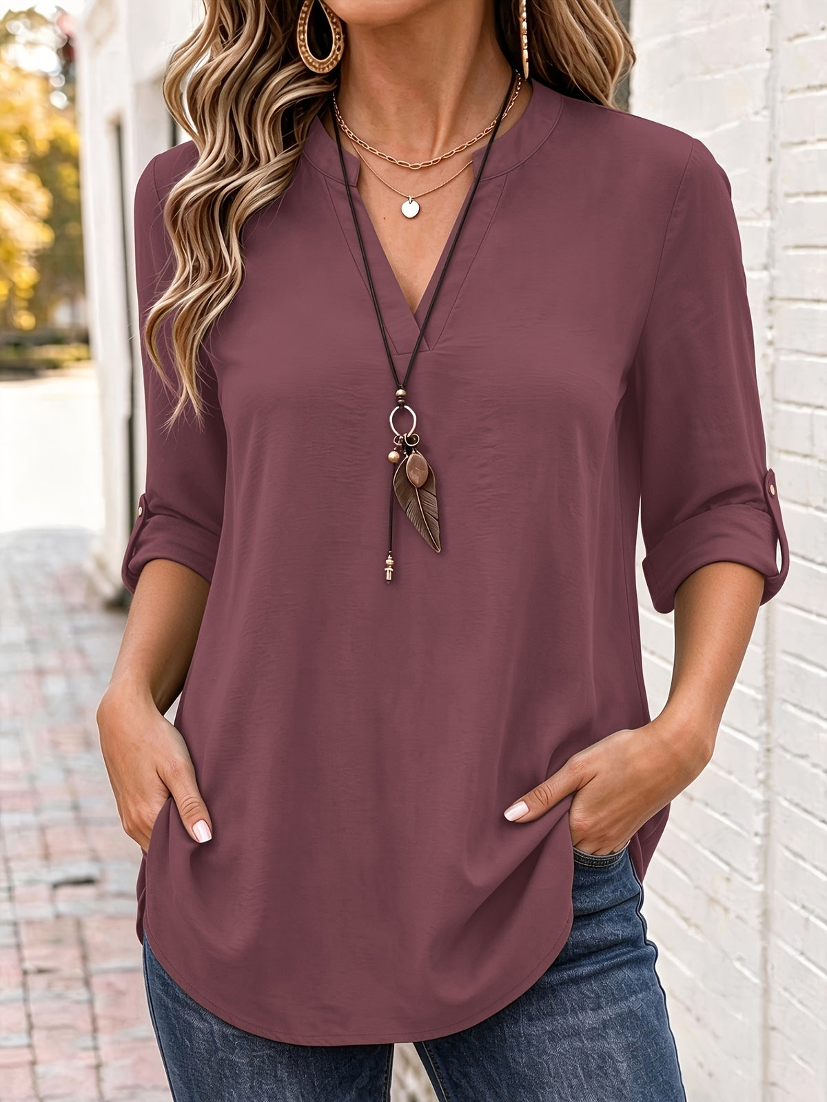 Dora™ | Relaxed V-Neck Top with Roll-Tab Sleeves