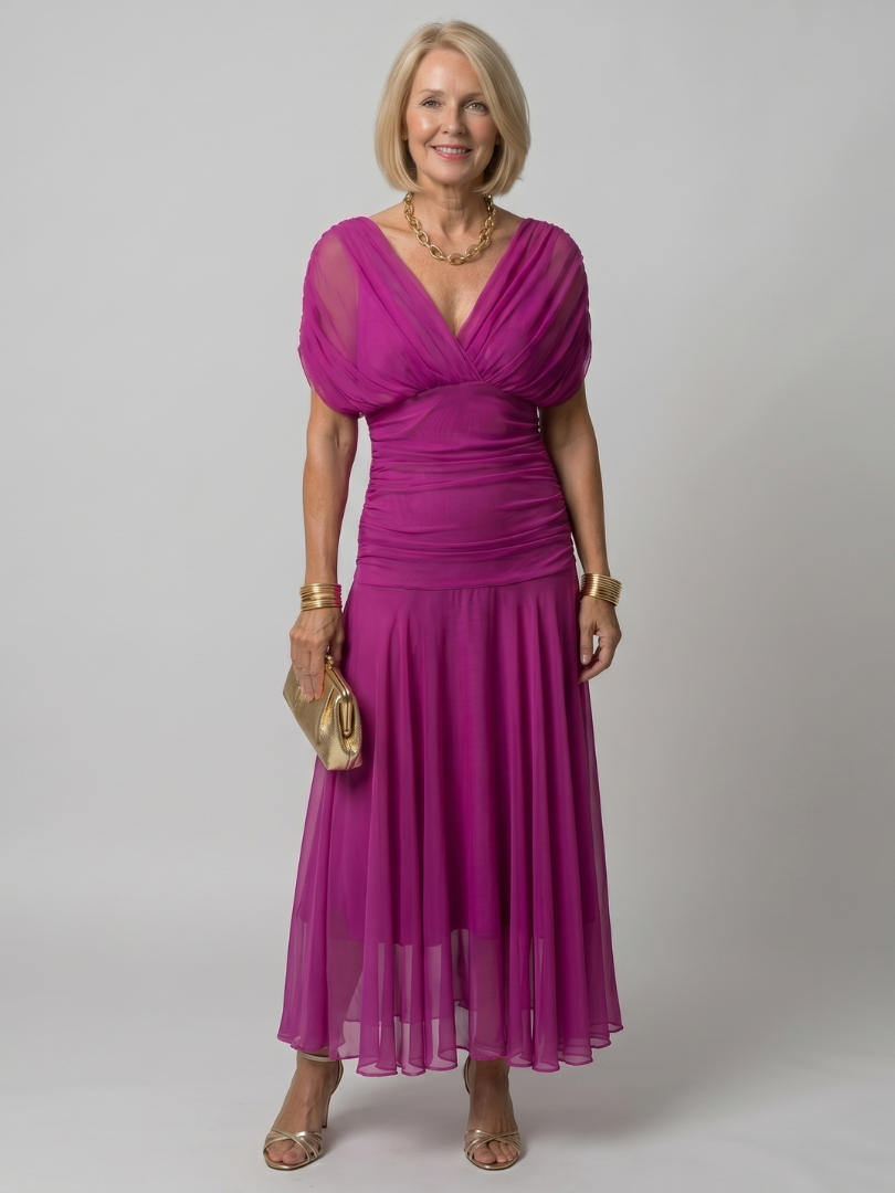 Delphine Off Shoulder Flow Midi Dress in rose gold