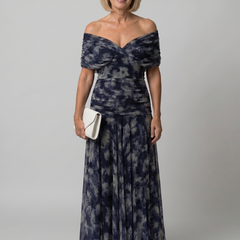 Delphine Off Shoulder Flow Midi Dress in navy blue