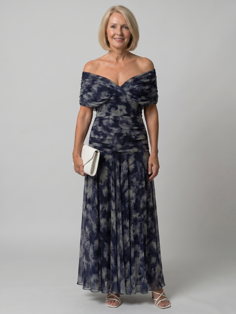 Delphine Off Shoulder Flow Midi Dress in navy blue