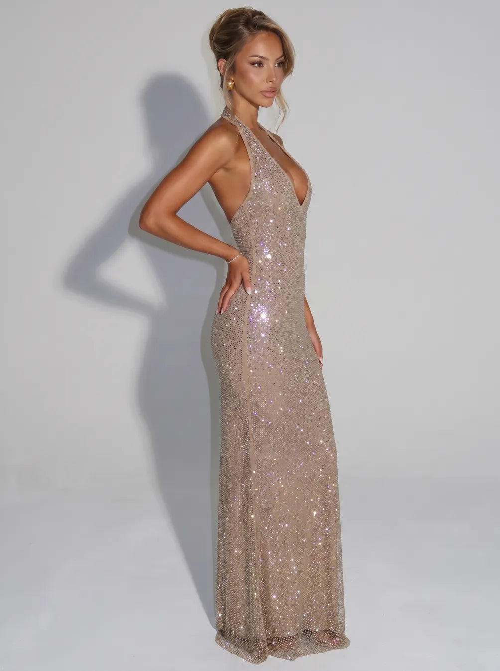 Yasmin Sequin Sleeveless Sheer Panel Midi Dress, detail