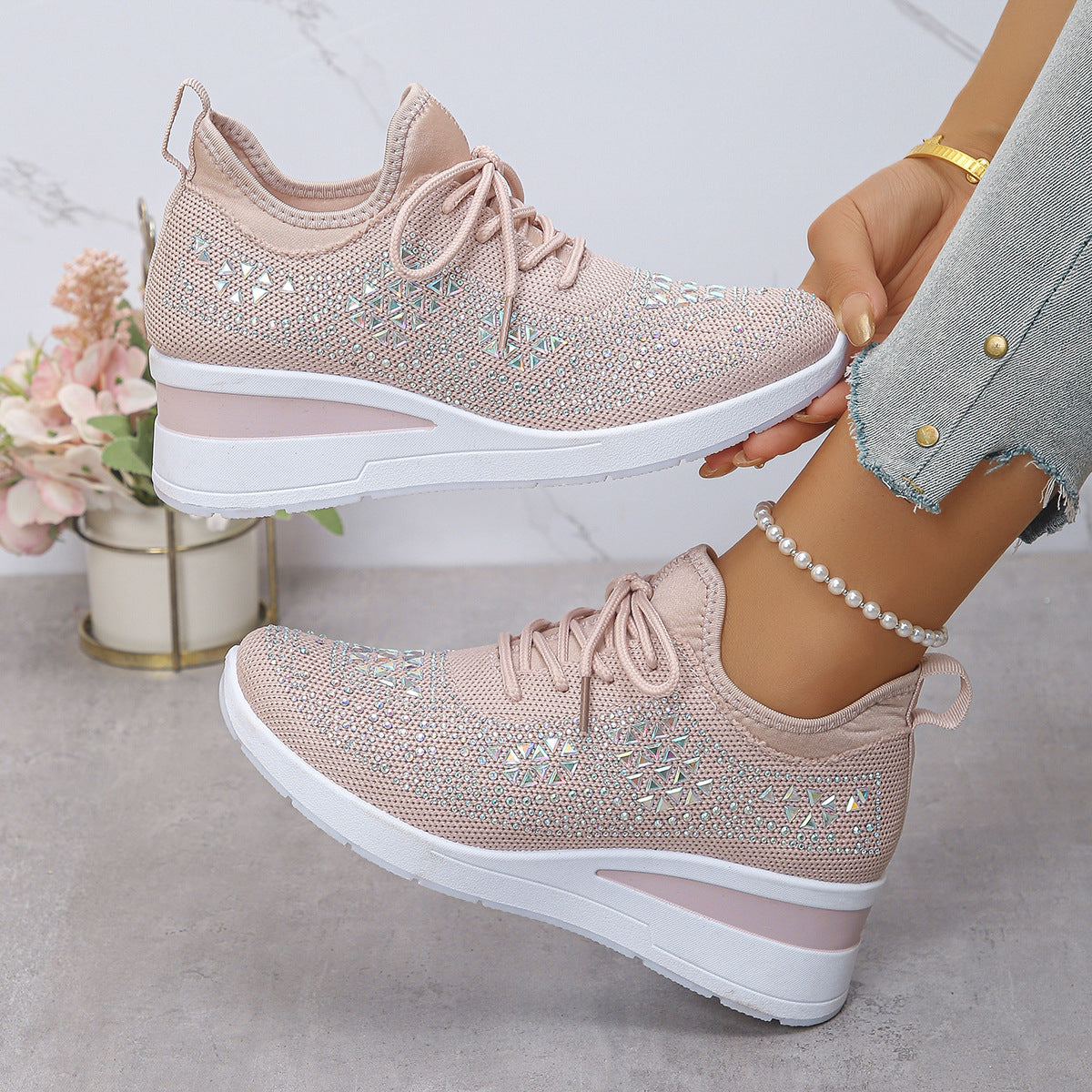 Celestine™ | Rhinestone Wedge Sneakers for Stylish All-Day Comfort